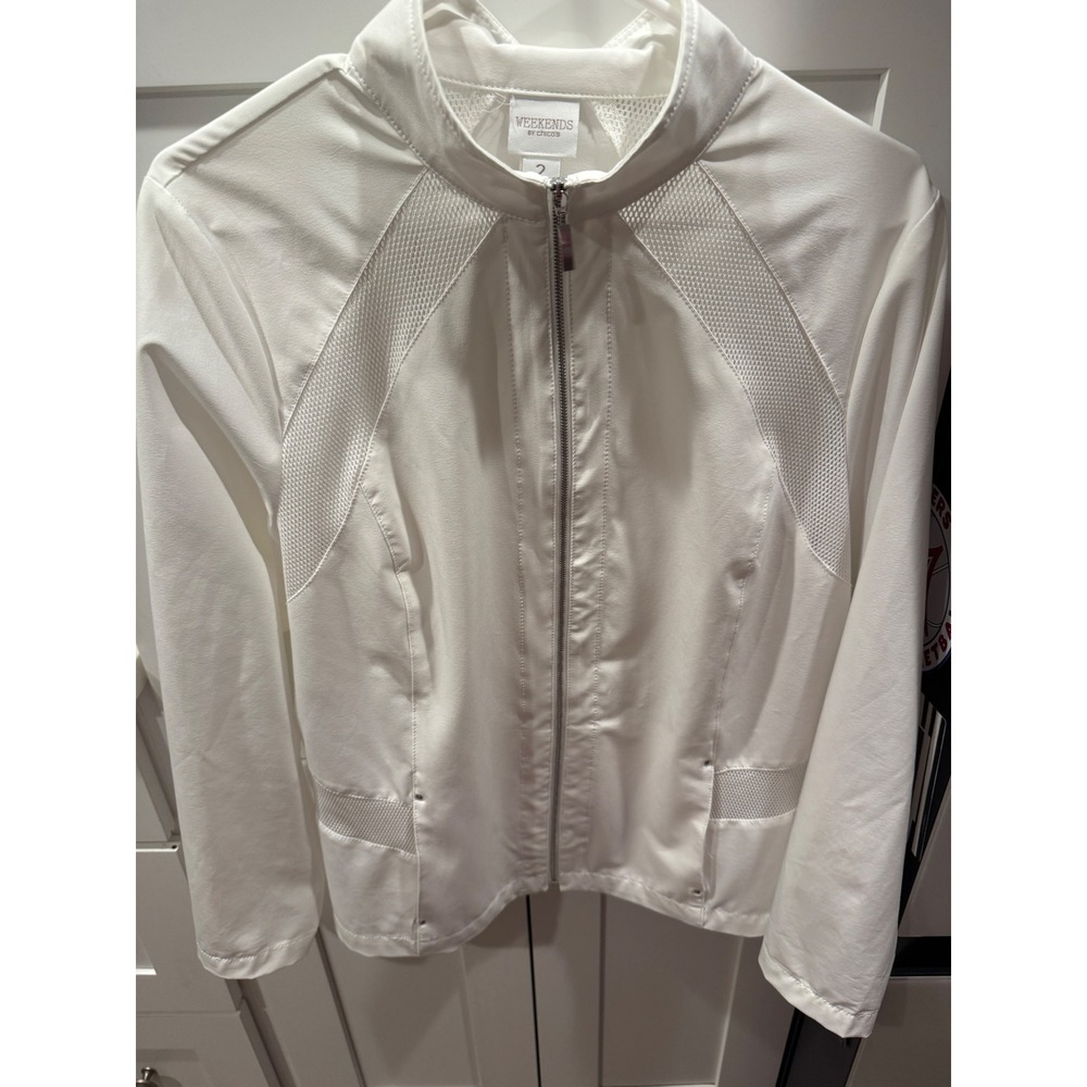 Weekends‎ by Chico's White Mesh Panel Full Zip Mock Neck Jacket Womens Size 2